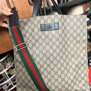 Gucci Monogram Beige Tote with Green and Red Accent
